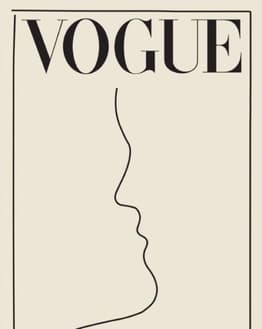 Minimalist line art of a face with Vogue typography on a beige background, designed as a modern and elegant watch face