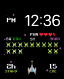 A retro-themed Arcade Spaceships watch face featuring pixelated spaceships, enemies, and heart-based power stats.