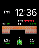A retro-themed Arcade Tanks watch face featuring a pixelated tank, brick wall obstacles, and heart-based power stats