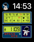 An Astronaut watch face featuring a playful space explorer, retro digital panels, and a cosmic theme.