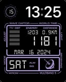 A Chrono-themed watch face featuring a retro digital layout with metrics for energy, distance, and world time
