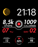 A cosmic-themed watch face featuring a moon design, step and calorie counters, and activity stats