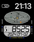 A Legendary Cosmo Phase watch face featuring a solar system design, digital time and date, and cosmic-inspired details