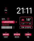 A sleek Glance watch face showcasing weather updates, step count, activity tracking, and battery status with a minimalist design