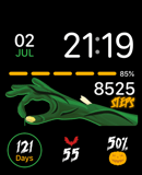 A Halloween-themed watch face featuring a green hand, bold step counter, and a countdown to Halloween