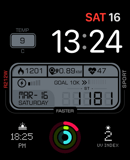 A Milestone watch face featuring real-time stats for steps, distance, heart rate, and calories with a clean digital interface