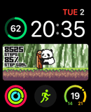 A Pixel Panda watch face featuring a pixelated panda interacting with its environment, changing state based on step goal progress.