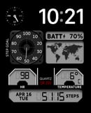 A Quartz watch face featuring a retro-style layout with metrics for heart rate, steps, temperature, and battery.