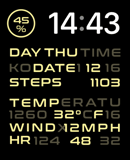 A Station Billboard watch face with bold typography, transit-inspired design, and detailed time and activity metrics