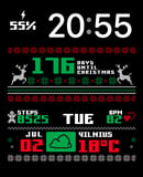 An Ugly Sweater watch face featuring a festive pixelated design with Christmas countdown, steps, heart rate, and weather stats.