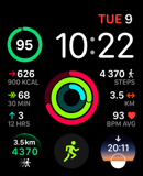 A Vital Stats watch face featuring vibrant activity rings and detailed metrics for steps, calories, distance, and heart rate.