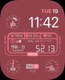 A Vitality Rose watch face featuring a soft rose design with dynamic gauges and stats for steps, heart rate, distance, and calories.