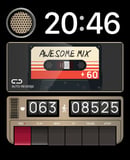 A Vol 2 watch face featuring a retro cassette labeled "Awesome Mix" with player controls and activity stats for heart rate and steps.