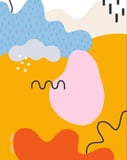 Playful abstract watch face featuring yellow, pink, blue, and red shapes with dotted patterns and black squiggles in a vibrant design