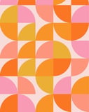 Geometric retro watch face featuring orange, pink, and yellow semi-circles and blocks in a bold abstract design