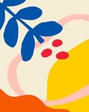 Abstract artistic watch face featuring bold blue leaves, red berries, and yellow accents with a modern design