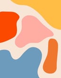 Abstract artistic composition of orange, pink, blue, and yellow shapes in a modern watch face design