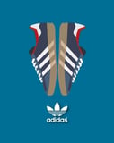 Illustration of Adidas sneakers with the Trefoil logo on a blue background, featured on a watch face