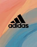 Black Adidas logo on a peach and blue pastel gradient background