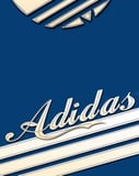 Adidas script logo with cream accents on a royal blue background