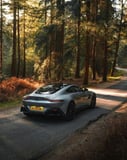 Aston Martin Vantage-inspired Apple Watch face featuring a silver car on a scenic forest road