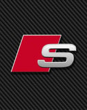 Audi S Line watch face featuring the red "S" logo on a black carbon fiber textured background