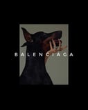 Balenciaga logo with a sleek Doberman and hand featuring luxury rings, featured on a watch face