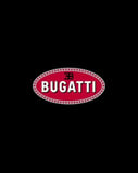 The iconic Bugatti logo in red and white on a black background, featured on a watch face.
