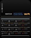 A retro digital watch face featuring a classic calculator design with functional buttons and a sleek black layout.
