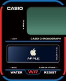 A Casio-inspired chronograph watch face with a green digital display, Apple logo, "Juliet H.S." branding, and bold red and blue accents.