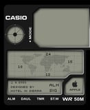 A Casio-inspired watch face featuring a world map display, Apple logo, and retro-modern branding like "Hotel in Sierra."