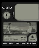 A Casio-inspired watch face featuring a grayscale photo display with two people, retro design elements, and "Designed by Hotel in Sierra" branding.