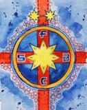 An artistic watercolor-style depiction of the FCSB emblem with bright yellow, red, and blue elements, featured on a watch face.
