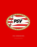 The PSV Eindhoven crest featuring red and white stripes, a bold flag design, and gold accents, set against a vibrant red background, featured on a watch face.