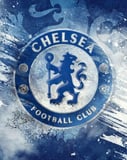 The Chelsea FC crest with a lion holding a staff, surrounded by intricate details, set against a frosty blue artistic background, featured on a watch face.