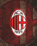 The AC Milan crest with red and black stripes, a white cross, and the year 1899, set against a textured maroon artistic background, featured on a watch face.