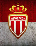 The AS Monaco crest with red and white stripes, a golden crown, and a textured red and white background, featured on a watch face.