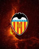The Valencia CF crest with the bat symbol, yellow and red stripes, and a golden football, set against a fiery cosmic background, featured on a watch face.