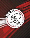 The Ajax Amsterdam crest with a minimalist illustration of the Greek hero, accented with red and white, set against a dynamic modern background, featured on a watch face.