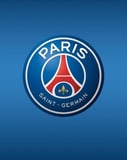 The Paris Saint-Germain crest featuring the Eiffel Tower and fleur-de-lis, set against a classic blue background, featured on a watch face.
