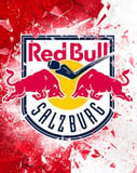 The Red Bull Salzburg crest featuring two charging bulls, a bright yellow sun, and the Salzburg name, set against a red and white shattered background, featured on a watch face.