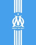 The Olympique de Marseille logo with "Droit au but" motto in white, set against a bright blue background, featured on a watch face.