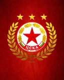 CSKA Sofia logo with a red star surrounded by golden laurels and topped with three stars, set against a red background, featured on a watch face