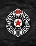 Partizan Football Club logo featuring a red star emblem with black and white detailing, displayed on a textured dark background