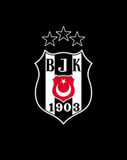 Beşiktaş Football Club crest with black and white stripes, Turkish crescent and star, and three stars above, displayed on a black background