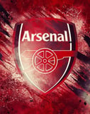 Arsenal Football Club crest with a cannon emblem on a textured red background, displayed on a watch face