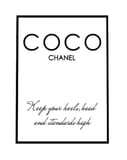 Minimalist Coco Chanel design with the quote, "Keep your heels, head, and standards high," in a clean black-and-white style, displayed on a watch face