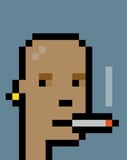 Pixel art character with a bald head, a yellow earring, and a smoking cigarette on a light blue background, displayed on a watch face