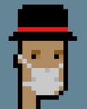Pixel art character with a black hat, red band, and a white face mask on a light blue background, displayed on a watch face