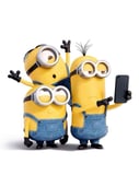 Three Minions taking a selfie, dressed in blue overalls, with one holding a phone and the others posing enthusiastically, featured on a watch face.